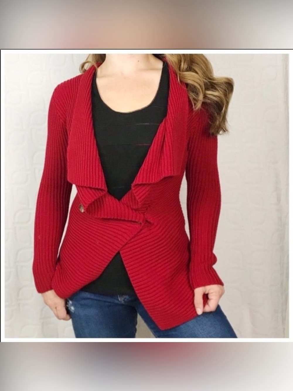 LAUREN RALPH LAUREN 100% cotton Red Chunky Ribbed Knit Cardigan women’s size 2X